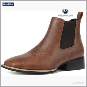 Men's Square Toe Western Chelsea Boots Slip On Casual Dress Ankle Boot